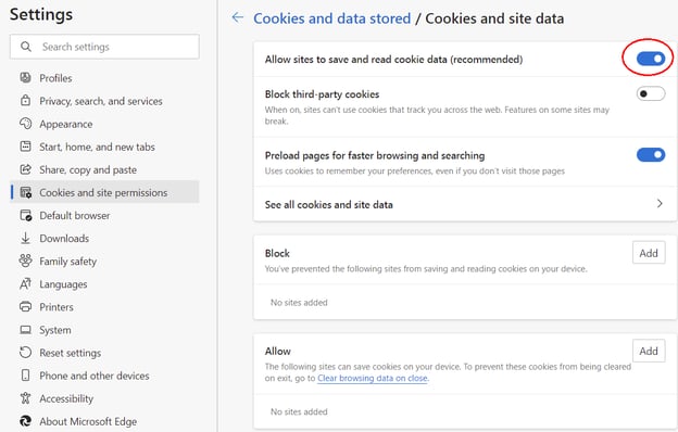 Allow sites to save and read cookie data.